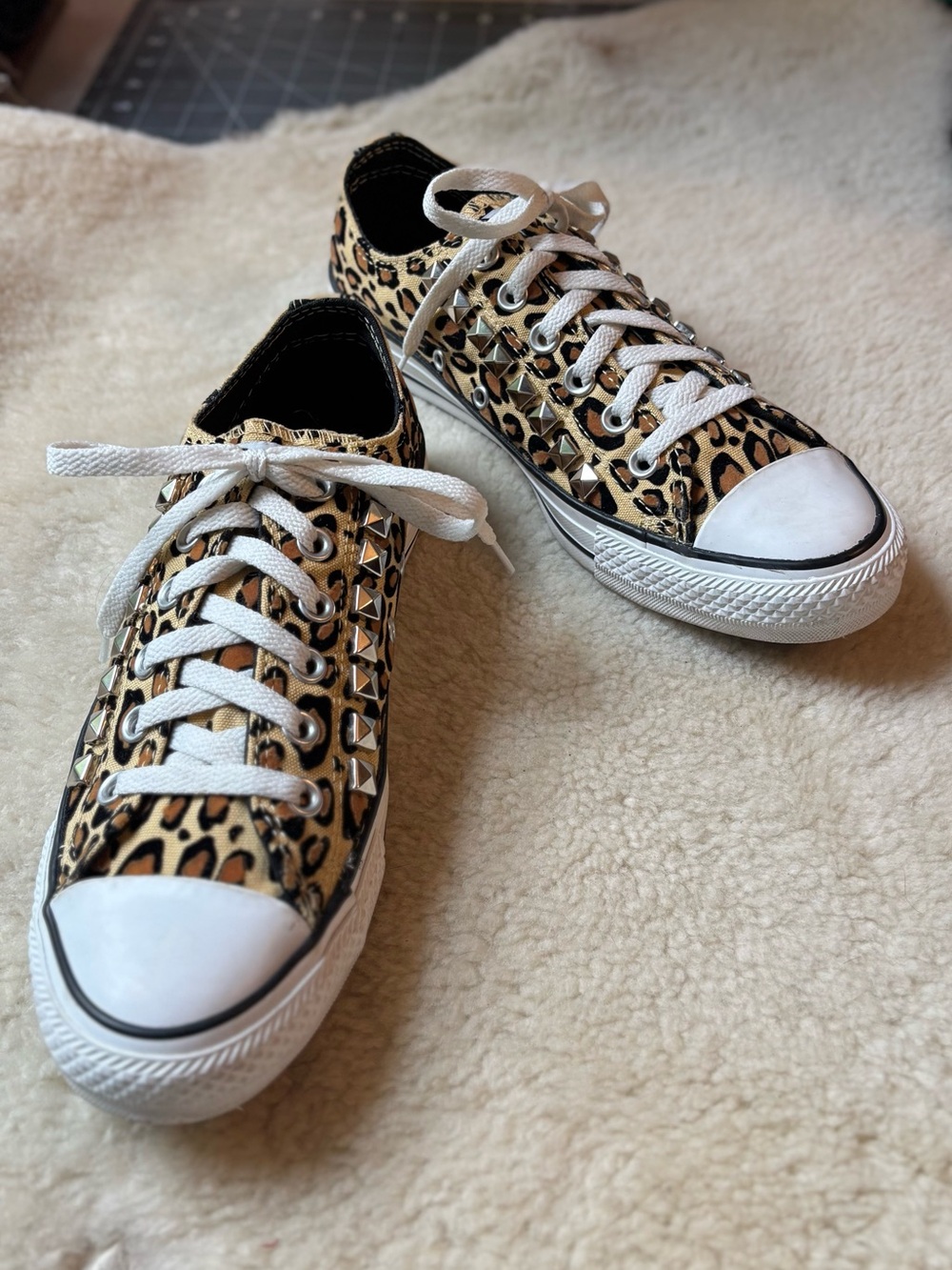 Converse Low-Top Leopard Print Sneakers with Silver Pyramid Studs